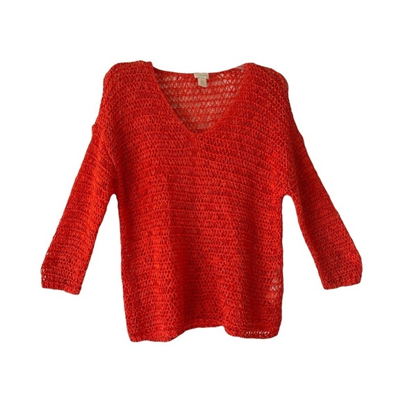 Chico’s | Orange Ribbon Yarn Open Weave V-Neck Sweater, Size 1 - Picture 1 of 7